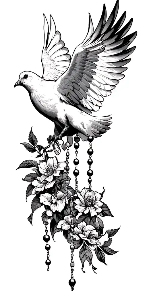 Dove flying upward holding a rosary in its beak tattoo design idea