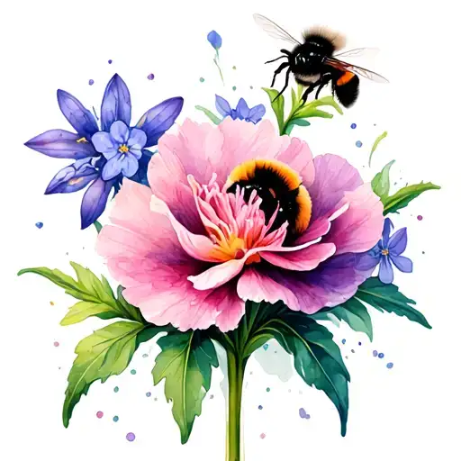 bumblebee, forget me not, purple hyacinth, pink carnation tattoo design idea