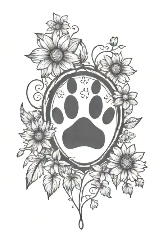 paw print, daisy, heart surrounded stylus femme tattoo design idea