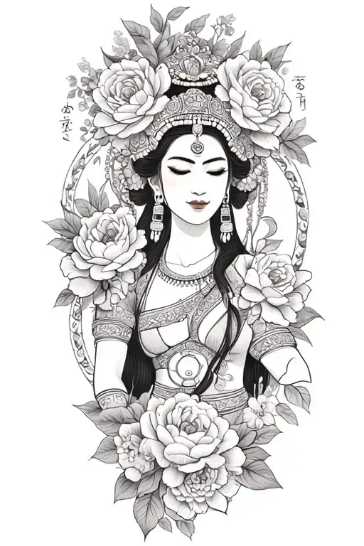 color peonies, roses and rumduol around a Cambodian  apsara dancer with jewelry  tattoo design idea