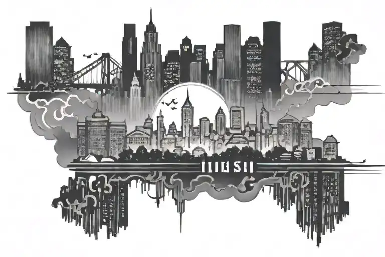 A tattoo design of a city skyline at night, with famous rapper silhouettes performing on each building, blending your love for music and urban landscapes tattoo design idea