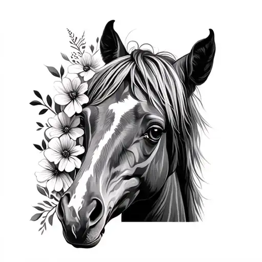 Create a tattoo using the following photos; create a side profile showcasing my horses marble eye with wild flowers tattoo design idea