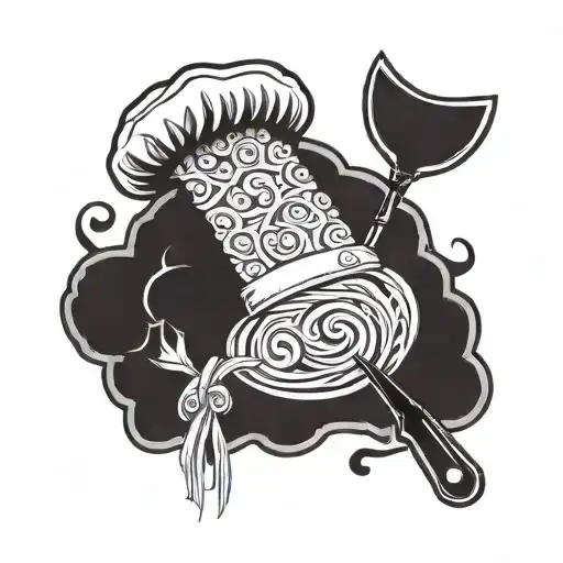 Incorporate an intricate design of a chef's hat with a swirling pattern of ale dante and bread, accented with a santoku knife tattoo design idea