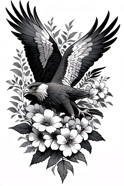 hawk soaring forage flowers wrapped tattoo design idea