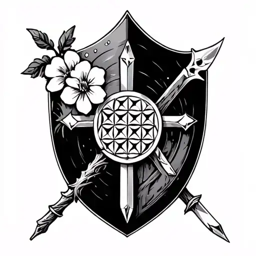 shield with flower of life on face cross bolo knife and staff with crystal cross behind shield tattoo design idea