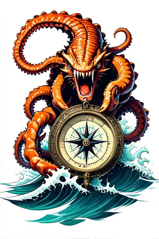 angry kracken hold compass with waves, tentacles spread out tattoo design idea