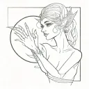siren line work in dark fantasy style with a long whispy tail, accenting mesh between fingers and on forearms, elf ears tattoo design idea
