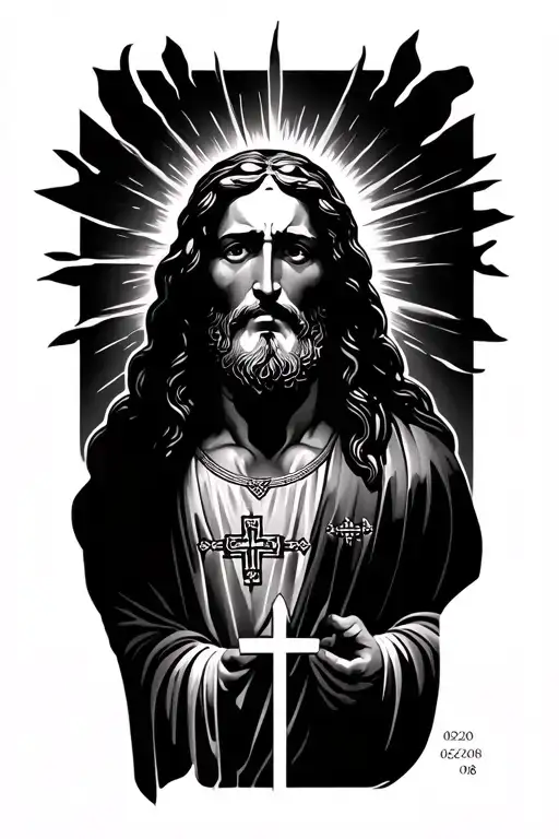 Jesus with shading and crosses on the bottom and 06/20/08 in the middle  tattoo design idea