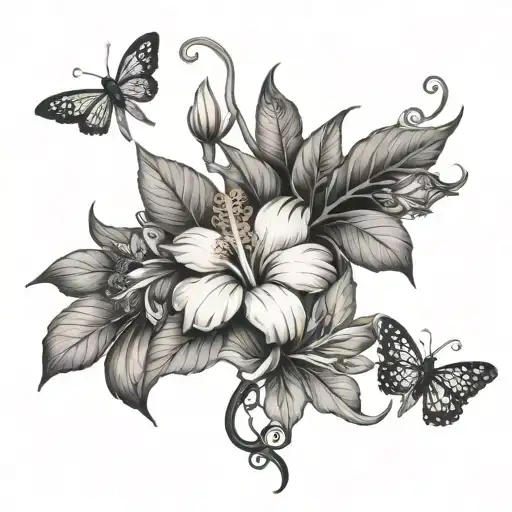 hibiscus flower and lilys with dragon flies and butterflies on a vine tattoo design idea