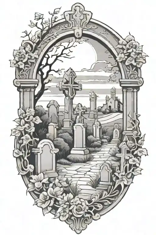 cemetery scene with tombstones tattoo design idea