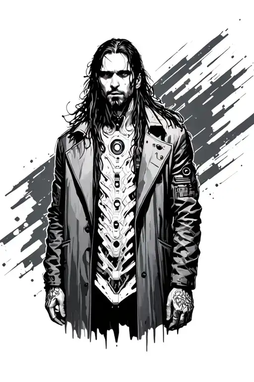 Male cyberpunk hacker standing, long hair, cybernetic implants visible. Long coat, dark futuristic style. tattoo design idea