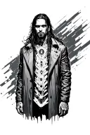 Male cyberpunk hacker standing, long hair, cybernetic implants visible. Long coat, dark futuristic style. tattoo design idea