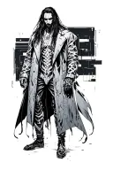Male cyberpunk hacker standing, long hair, cybernetic implants visible. Long coat, dark futuristic style. tattoo design idea