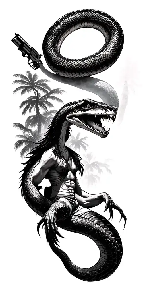 Gorrlia sat in jungle with snake coming down from above with a gun in its mouth and mist filled jungle trees tattoo design idea