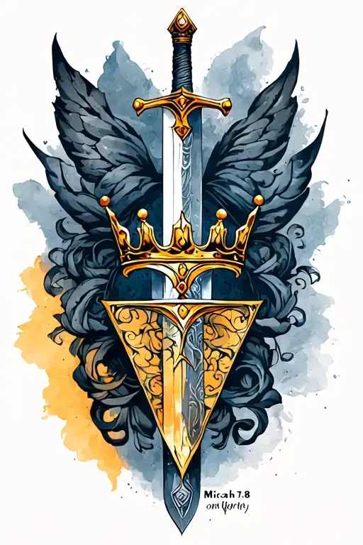 Minimal sleeve tattoo featuring crown touch of god a sword a triangle and a Micah 7:8 tattoo design idea