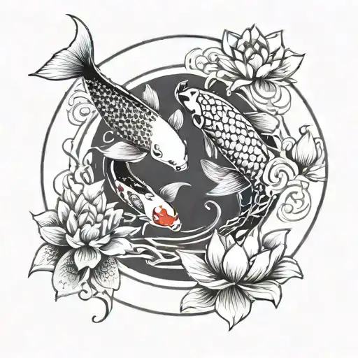 two koi fish swimming in circle around a lotus flower one koi is yin and one is yang  tattoo design idea