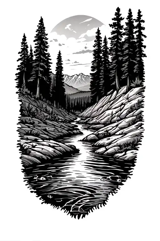 Colorado river running from the Colorado mountainous forests down the the Arizona desert landscape tattoo design idea