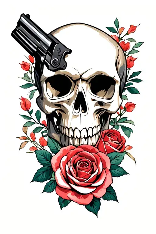 gun skull roses tattoo design idea