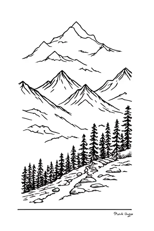 Appalachian Trail winding through forest and mountains with imagery of rock/boulder, thunder, and the passage of time. tattoo design idea