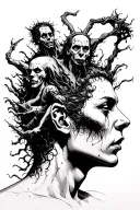 chaotic imaginary world with 3 characters who come out of a human head tattoo design idea