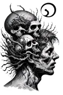 chaotic imaginary world with 3 characters who come out of a human head tattoo design idea