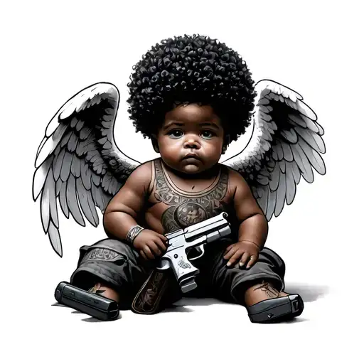 angel baby with money bag and a gun with an Afro   tattoo design idea