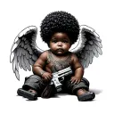 angel baby with money bag and a gun with an Afro   tattoo design idea