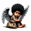 angel baby with money bag and a gun with an Afro   tattoo design idea