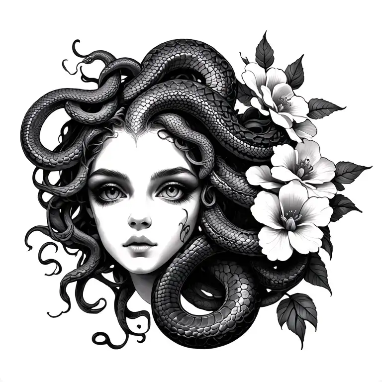 medusa tattoo with 14 snakes 3 flowers and 1 eye tattoo design idea