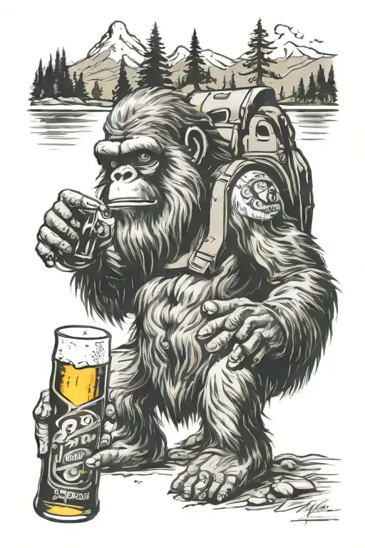 saquatch drinking beer bottle tattoo design idea