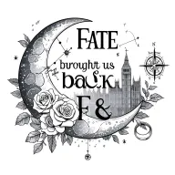 "Fate brought us back " crescent moon, Aries & Libra constellations, roses, wedding rings, compass, London skyline, initials I & F tattoo design idea