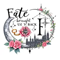 "Fate brought us back " crescent moon, Aries & Libra constellations, roses, wedding rings, compass, London skyline, initials I & F tattoo design idea