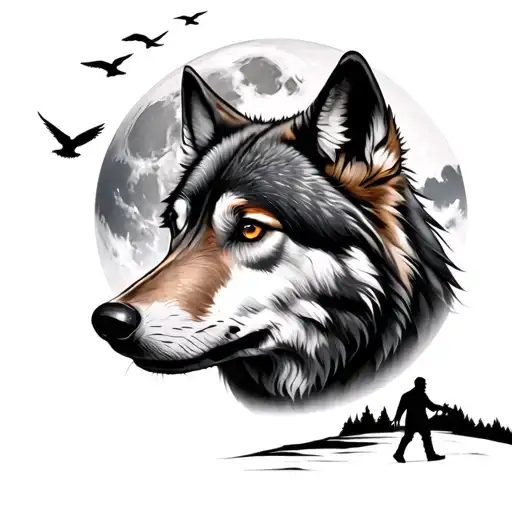 a wolf looking at the moon with birds in the background and a man walking on the moon  tattoo design idea