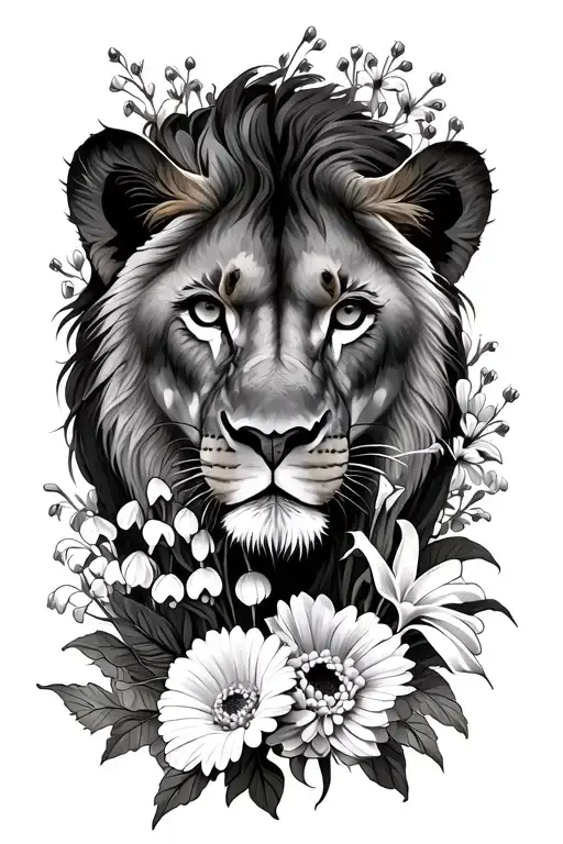 marigolds chrysanthemums and lilly of the valley with a lioness  tattoo design idea