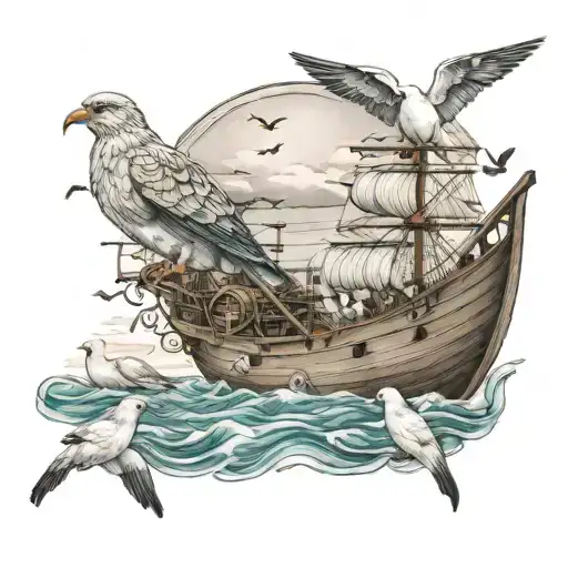 Noah's ark tattoo with strong animals and calm seas with doves returning with olive branches  tattoo design idea