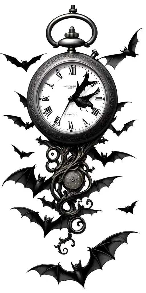 bats flying pocket watch tattoo design idea