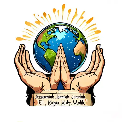 the world and Jesus praying hands holding 6 kids names written Izec , Javen, Jeremiah , Eli, Kalaya, Malik tattoo design idea