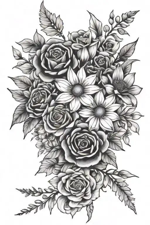single row of daisies, lilies, and roses, intertwined, black and white fine line tattoo design idea