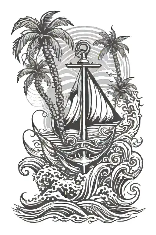 anchor, water, palm trees and waves tattoo design idea