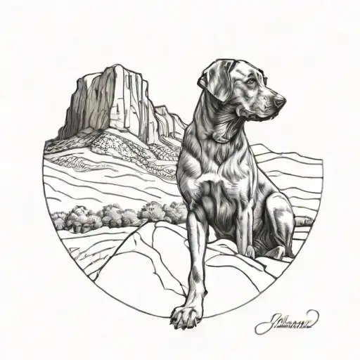labradane dog sitting facing away from the perspective looking at flatirons that are in the distance tattoo design idea