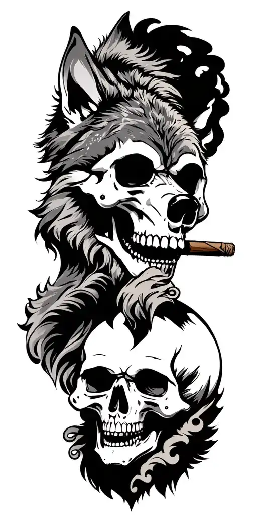 skulls smoking cigars with wolf surrounded tattoo design idea