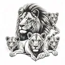 lion, lioness and 2 cubs surrounded tattoo design idea