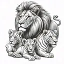lion, lioness and 2 cubs surrounded tattoo design idea