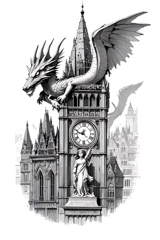 A dragon fighting griffon above a gothic clock tower. In the city is a statue of a young girl with angel wings. tattoo design idea