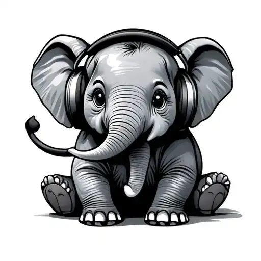 baby elephant with headphones listening to music tattoo design idea