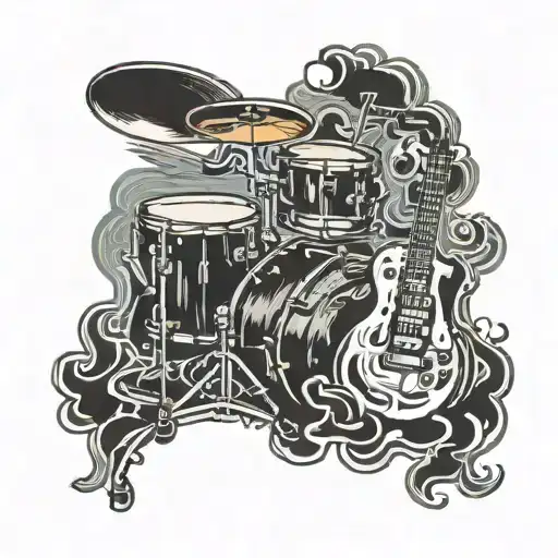 guitar leaning against a drum kit with smoke rising tattoo design idea