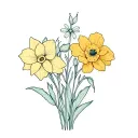 Daffodil, honeysuckle, poppy, morning glory, marigold, chrysanthemum, narcissum flower bouquet tattoo design idea