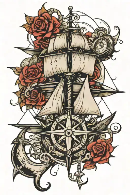 Sail Ship with anchor and compass tattoo design idea