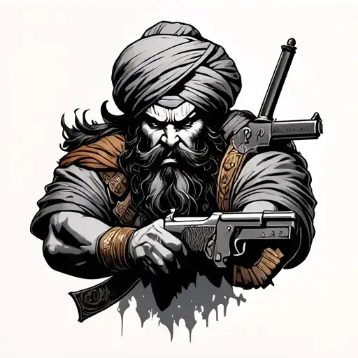 sikh angry warrior with gun tattoo design idea