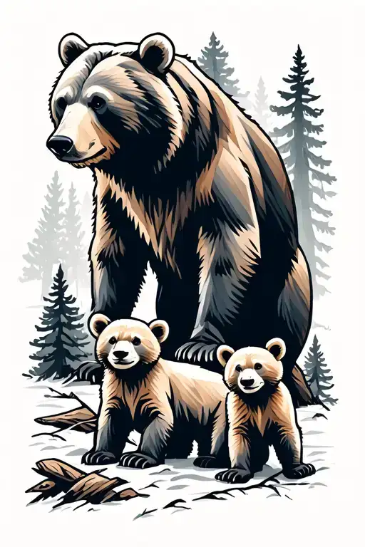 bear w cubs in woods w cabin tattoo design idea